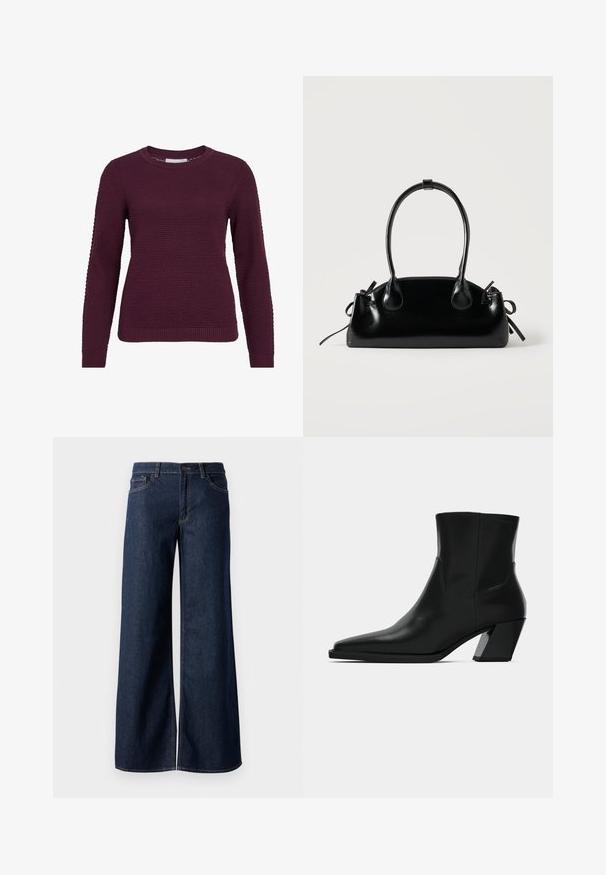 Bordeaux pullover sweater med et struktureret, honningkagesmønster, rund hals, lange ærmer og ribbede manchetter og kant.; Bredde ben jeans i mørkeblå denim. Har kontrastsyninger, fem lommer og en knaplukning i taljen. Glat tekstur.; Sortlæder ankelstøvle med spids tå, en slank silhuet og en kraftig firkantet hæl. Glat tekstur med minimale stikninger.; Lille sort blank håndtaske med to lange håndtag og snøre-detaljer i siden på en ensfarvet lys baggrund.