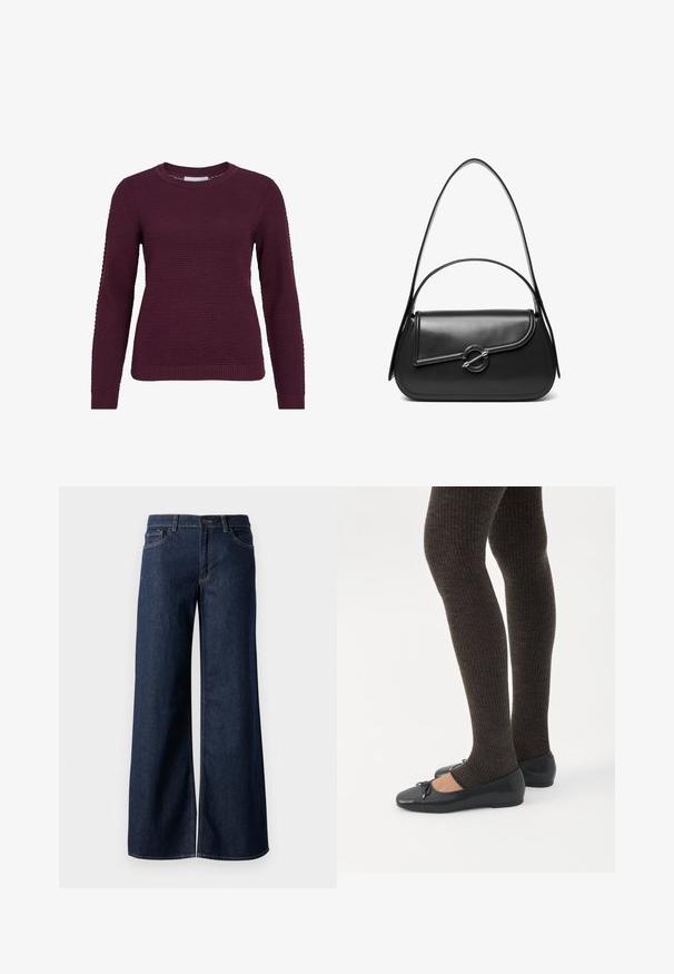 Burgunderfarbener Pullover mit strukturiertem Wabenmuster, rundem Hals, langen Ärmeln sowie gerippten Bündchen und Saum.; Weite Jeans in dunkelblauem Denim. Merkmale sind kontrastierende Nähte, fünf Taschen und ein Knopfverschluss an der Taille. Glatte Textur.; Beine in dunklen, gerippten Leggings kombiniert mit schwarzen Ballerinas mit kleinen Schleifendetails auf weißem Hintergrund.; Schwarze Lederschultertasche mit einer geschwungenen Klappe, die durch einen runden Metallverschluss gesichert ist, und einem schlanken, verstellbaren Riemen.
