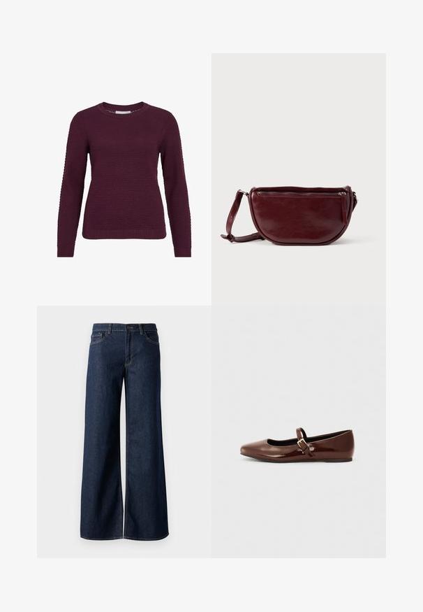 Burgunderfarbener Pullover mit strukturiertem Wabenmuster, rundem Hals, langen Ärmeln sowie gerippten Bündchen und Saum.; Weite Jeans in dunkelblauem Denim. Merkmale sind kontrastierende Nähte, fünf Taschen und ein Knopfverschluss an der Taille. Glatte Textur.; Braune Lackleder-Ballerinas mit quadratischer Zehenform und Riemen mit einer kleinen goldenen Schnalle. Glatte Textur, niedriger Absatz und minimalistisches Design.; Dunkelroter Lederhandtasche in halbmondförmiger Form mit Reißverschluss und abnehmbarem Tragegurt. Glatte Textur mit dezentem Glanz.