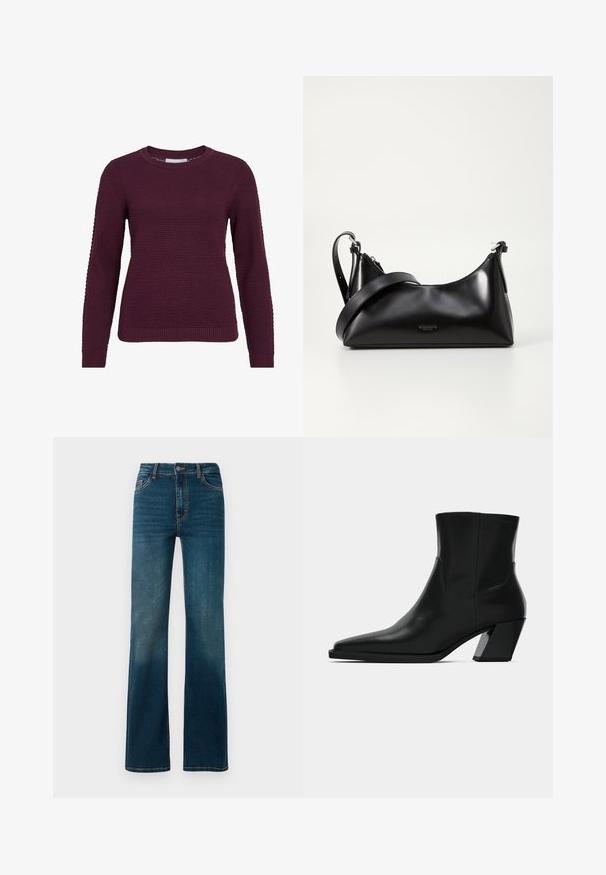 Pull en bordeaux avec un motif texturé en nid d'abeille, col rond, manches longues et poignets et ourlet côtelés.; Jeans bleu marine taille haute avec une coupe droite. Fabriqués en denim, avec des coutures contrastées et un classique design à cinq poches.; Bottine en cuir noir avec un bout pointu, une silhouette élégante et un talon carré massif. Texture lisse avec des détails de couture minimalistes.; Sac à main en cuir noir avec une texture lisse. Dispose d'une bandoulière adjustable et d'un design élégant et minimaliste avec une fermeture éclair.