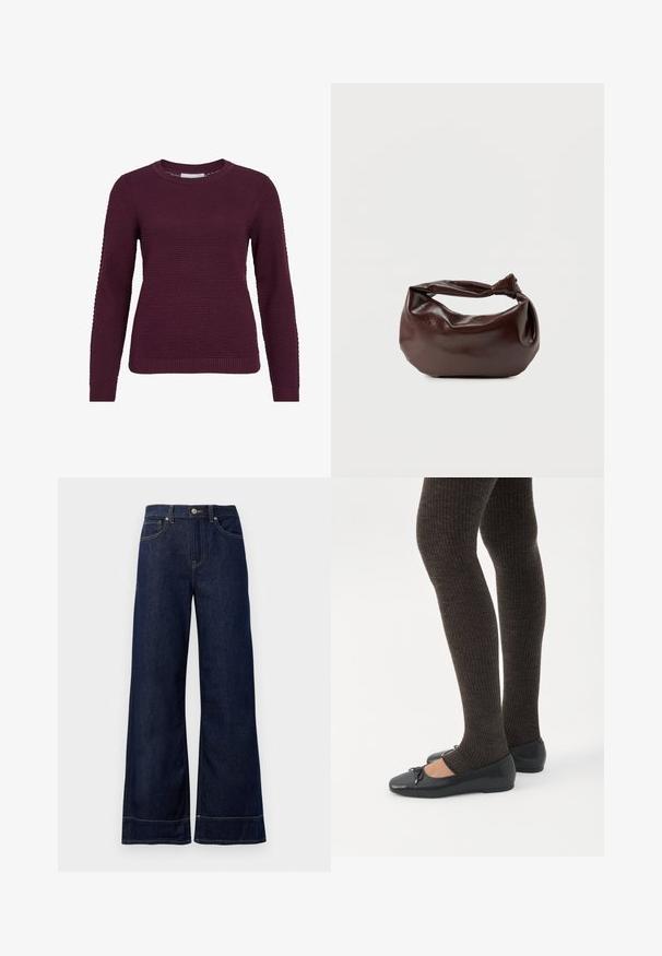 Bordeaux pullover sweater med et struktureret, honningkagesmønster, rund hals, lange ærmer og ribbede manchetter og kant.; Mørkeblå brede jeans lavet af denim. Har en knaplukning, stikninger og sidelommer. Udfoldet nederste kant.; Ben iført mørke ribbede leggings kombineret med sorte balletsko med små sløjfedetaljer på hvid baggrund.; Mørkebrun læder skuldertaske med en blød, afslappet form og et snoet knudehåndtag på en ensartet hvid baggrund.
