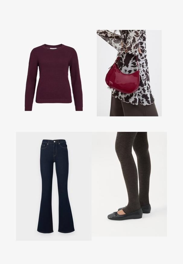 Bordeaux pullover trui met een gestructureerd, honingraatpatroon, ronde hals, lange mouwen en geribbelde manchetten en onderrand.; Donkerblauwe jeans met wijde pijpen, hoge taille, voorzakken en contrasterende stiksels, gemaakt van denimstof met een gladde textuur.; Benen met donkere geribbelde leggings gecombineerd met zwarte ballerina's met kleine strikdetails op een witte achtergrond.; Vrouw met een zwart-wit gebloemde blouse houdt een glanzende rode schoudertas vast tegen een effen achtergrond.