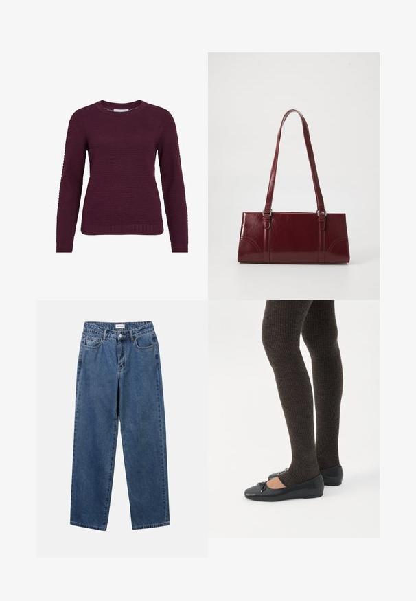 Bordeaux pullover sweater med et struktureret, honningkagesmønster, rund hals, lange ærmer og ribbede manchetter og kant.; Klassiske blå denimbukser med lige ben, fem lommer og knaplukning. Har en medium vask og en robust tekstur.; Ben iført mørke ribbede leggings kombineret med sorte balletsko med små sløjfedetaljer på hvid baggrund.; Bordeaux håndtaske lavet af glansfuldt materiale, rektangulær form, med to skulderremme og subtile buede detaljer på forsiden.