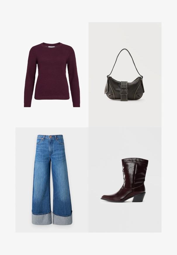 Burgunderfarbener Pullover mit strukturiertem Wabenmuster, rundem Hals, langen Ärmeln sowie gerippten Bündchen und Saum.; Weite Jeans aus Denim in Mittelblau. Mit hoher Taille, gekämmten Säumen aus hellerem Denim und klassischem Fünf-Taschen-Design mit Metallakzenten.; Bordeauxfarbene Leder-Stiefeletten mit spitzem Schnitt, strukturierten Oberflächen und einem schmalen, niedrigen Absatz. Verfügen über dezente Nähte und einen engen Sitz.; Schwarze Leder-Schultertasche mit Schnallengurt-Detail, abgerundeten Kanten und kontrastierenden weißen Nähten auf schlichtem Hintergrund.