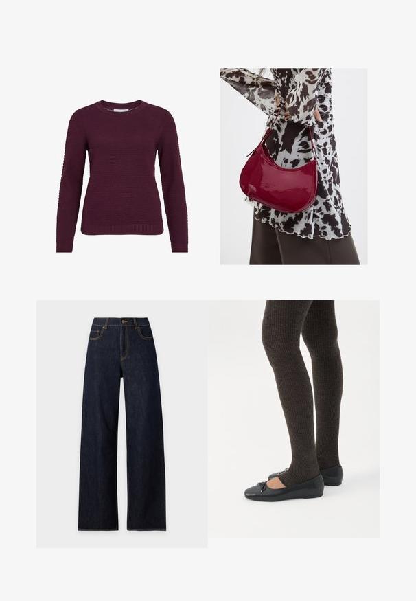 Pull en bordeaux avec un motif texturé en nid d'abeille, col rond, manches longues et poignets et ourlet côtelés.; Jean denim bleu foncé taille haute à jambes larges avec poches avant et surpiqûres contrastantes, présenté sur un fond uni clair.; Jambes portant des leggings côtelés foncés associés à des ballerines noires avec de petits détails en nœud sur fond blanc.; Femme portant un chemisier à motif noir et blanc tenant un sac à main rouge brillant sur un fond uni.