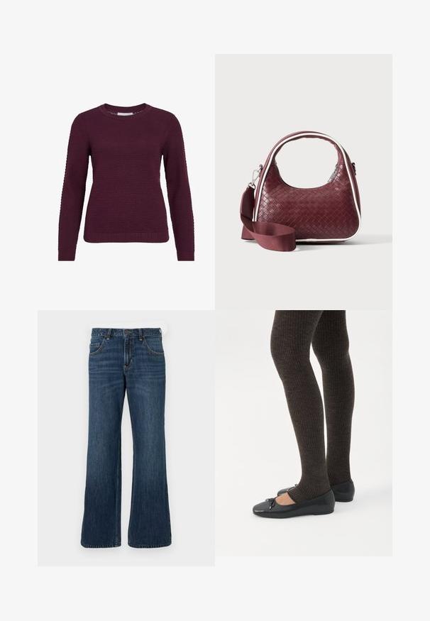 Pull en bordeaux avec un motif texturé en nid d'abeille, col rond, manches longues et poignets et ourlet côtelés.; Jean large bleu foncé avec une conception classique à cinq poches, doté d'une fermeture à bouton et de légères décolorations. Fabriqué en tissu denim.; Jambes portant des leggings côtelés foncés associés à des ballerines noires avec de petits détails en nœud sur fond blanc.; Sac à main en cuir tressé marron foncé avec poignée courbée, garniture blanche, fermeture éclair argentée et bandoulière large en tissu amovible sur fond uni.