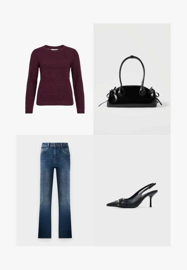 Pull en bordeaux avec un motif texturé en nid d'abeille, col rond, manches longues et poignets et ourlet côtelés.; Jean flare en denim bleu foncé, avec un aspect délavé, cinq poches et passants de ceinture. Design classique avec une fermeture à bouton à l'avant.; Escarpin slingback à talon haut en cuir noir avec bout pointu, boucle et détail de bride œillet à l'avant.; Petit sac à main noir brillant avec deux longues anses et des détails à cordon sur les côtés sur un fond clair uni.