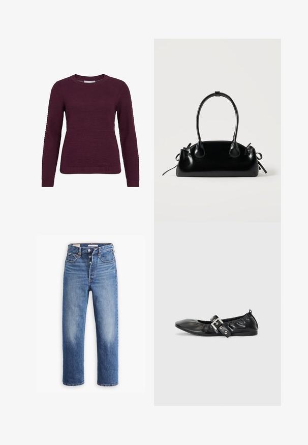 Burgunderfarbener Pullover mit strukturiertem Wabenmuster, rundem Hals, langen Ärmeln sowie gerippten Bündchen und Saum.; Blaue Jeans aus Denim mit hoher Taille, geradem Beinschnitt und ausgewaschenen Stellen. Mit Fronttaschen und metalischen Verzierungen.; Schwarze Leder-Ballerinas mit spitzem Zehenbereich, gerafften Details am Schaft und einem silbernen Schnallenakzent am verstellbaren Riemen.; Kleine schwarze glänzende Handtasche mit zwei langen Griffen und seitlichen Kordelzug-Details vor einfachem hellem Hintergrund.