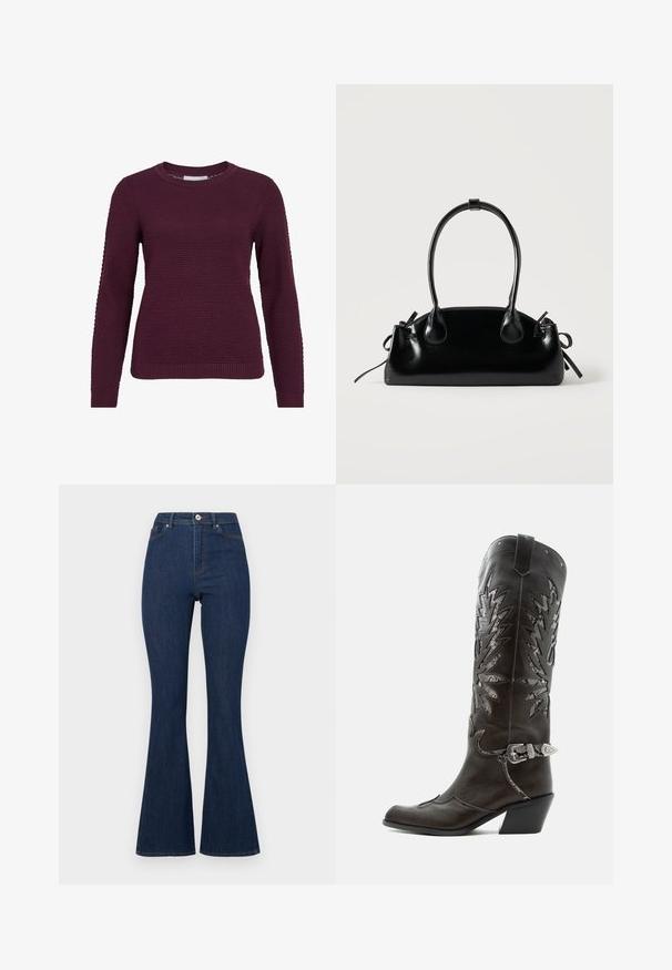 Pull en bordeaux avec un motif texturé en nid d'abeille, col rond, manches longues et poignets et ourlet côtelés.; Jean en denim évasés de couleur bleu foncé avec une taille haute, présentant une fermeture éclair et un bouton, ainsi que des coutures discrètes le long des bords.; Botte de cowboy en cuir noir avec découpes décoratives, boucle argentée et talon incliné, présentée sur fond blanc.; Petit sac à main noir brillant avec deux longues anses et des détails à cordon sur les côtés sur un fond clair uni.