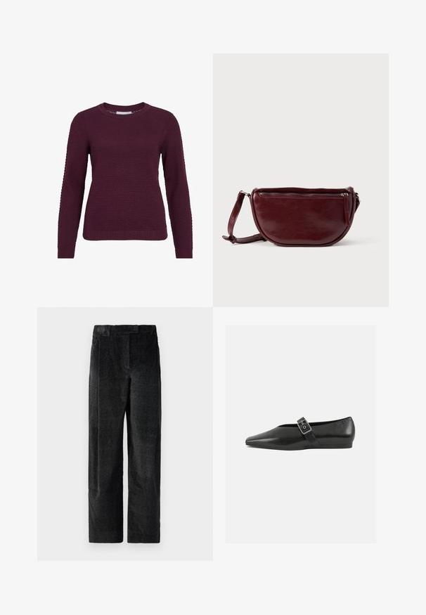 Bordeaux pullover sweater med et struktureret, honningkagesmønster, rund hals, lange ærmer og ribbede manchetter og kant.; Sorte, strukturerede bredbenede bukser med en markant vævning, der har forfrits og en flad talje. Klassisk design for alsidighed.; Sorte læder flade sko med spidse tæer, prydet med en metallisk spænde over vristen og en lav, fleksibel sål.; Vinrød læderhåndtaske med halvmåneform, lynlås og aftagelig rem. Glat tekstur med en subtil glans.