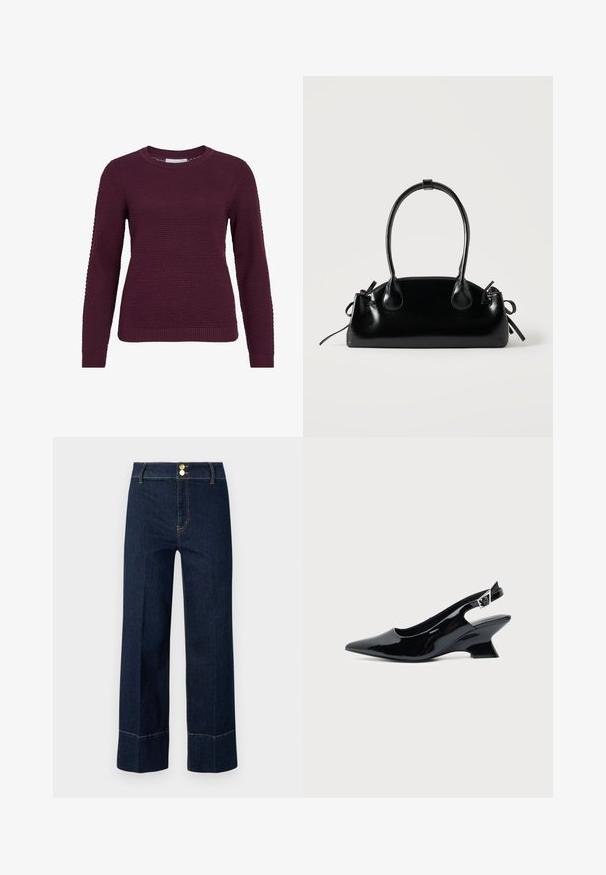 Pull en bordeaux avec un motif texturé en nid d'abeille, col rond, manches longues et poignets et ourlet côtelés.; Jeans taille haute large bleu marine avec double bouton doré et surpiqûres orange visibles sur un fond clair.; Chaussure slingback en cuir verni noir avec bout pointu et petit talon bloc incliné sur fond clair uni.; Petit sac à main noir brillant avec deux longues anses et des détails à cordon sur les côtés sur un fond clair uni.