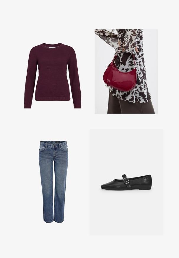 Burgunderfarbener Pullover mit strukturiertem Wabenmuster, rundem Hals, langen Ärmeln sowie gerippten Bündchen und Saum.; Blaue Jeans aus Denim mit geradem Schnitt, klassischem Fünf-Taschen-Design, dezenten Nähten und einem Knopfverschluss.; Schwarzer Lederflatschuh mit runder Zehenform, einem verstellbaren Schnallenriemen und einer glatten, glänzenden Oberfläche. Minimalistisches Design mit einem niedrigen Absatz.; Frau trägt eine schwarz-weiß gemusterte Bluse und hält eine glänzende rote Schultertasche vor einem einfarbigen Hintergrund.