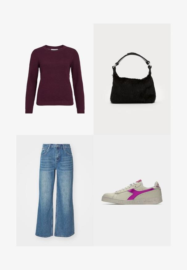 Burgunderfarbener Pullover mit strukturiertem Wabenmuster, rundem Hals, langen Ärmeln sowie gerippten Bündchen und Saum.; The Ragged Priest RELEASE BLEACHED BLUE WASH - Wide Leg - blue denim; Ecru Low-Top Sneaker mit weißen Schnürsenkeln, einer dicken Sohle und einem leuchtend pinken, metallischen Logo sowie Ferse auf einem schlichten Hintergrund.; Schwarze Kunstfell-Handtasche mit weicher Textur, runder Form und einem stabilen schwarzen Leder-Schulterriemen. Sichtbare silberne Hardware-Akzente.