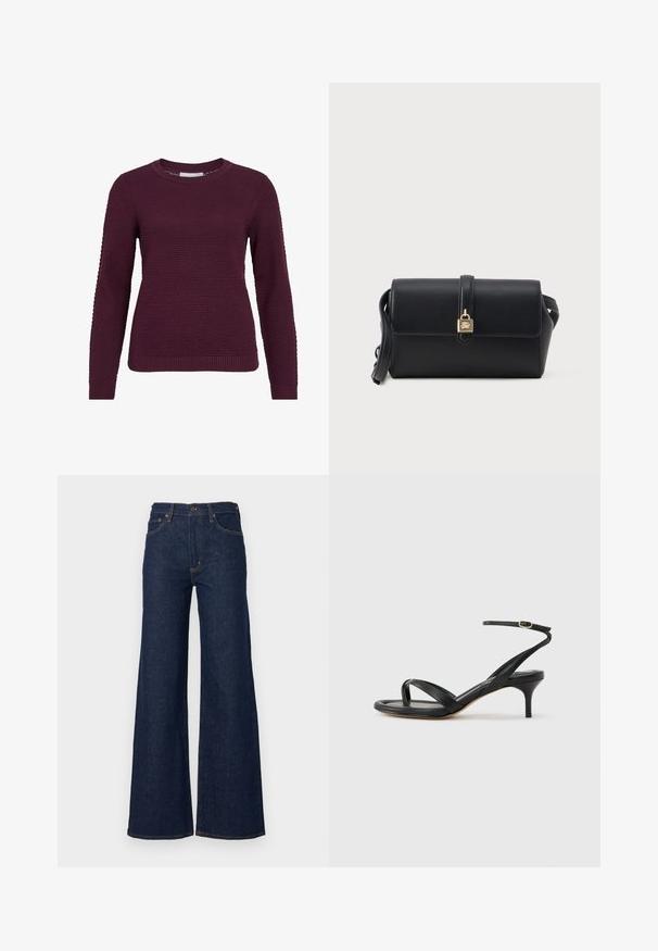 Bordeaux pullover trui met een gestructureerd, honingraatpatroon, ronde hals, lange mouwen en geribbelde manchetten en onderrand.; Donkerblauwe denim wijde broekspijpen jeans met een hoge taille, vijf zakken, knoopsluiting en contrasterende stiksels langs de naden.; Zwarte leren dames sandaal met dunne bandjes, een teengreep, een enkelgesp en een stilettohak van gemiddelde hoogte op een neutrale achtergrond.; Zwarte rechthoekige leren schoudertas met een strap en een gouden hangslotdetail op de klep.
