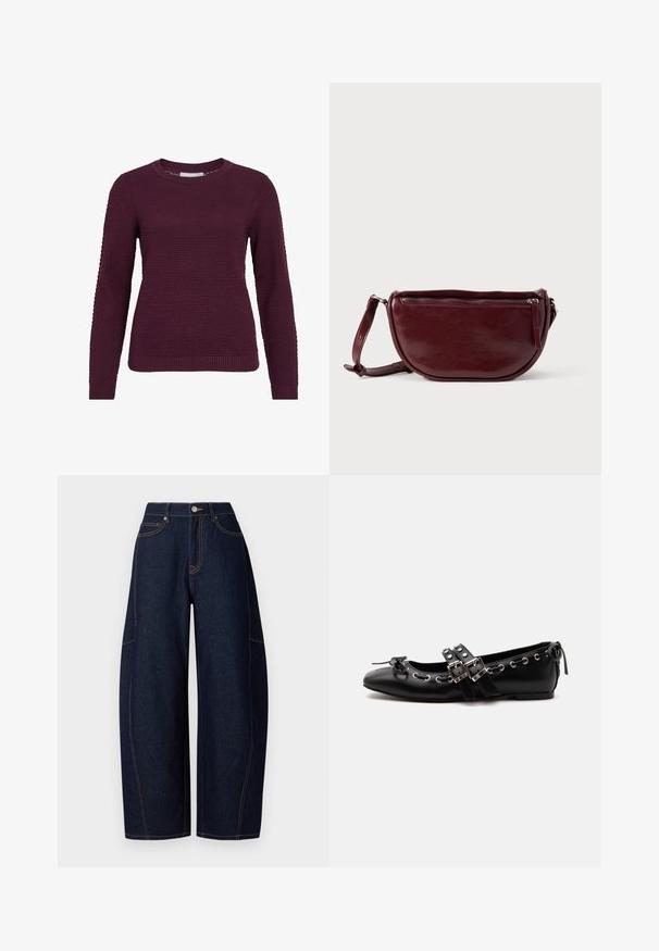 Bordeaux pullover trui met een gestructureerd, honingraatpatroon, ronde hals, lange mouwen en geribbelde manchetten en onderrand.; Brede donkerblauwe denim broek met contrasterende oranje stiksels, vijf zakken en een knoop- en ritssluiting aan de taille.; Zwarte platte balletschoen met dubbele gespsluitingen, zilveren oogjes en een klein strikje nabij de afgeronde neus op een witte achtergrond.; Dieprode lederen handtas met een halve-maansvorm, een ritssluiting en een afneembare riem. Gladde textuur met een subtiele glans.
