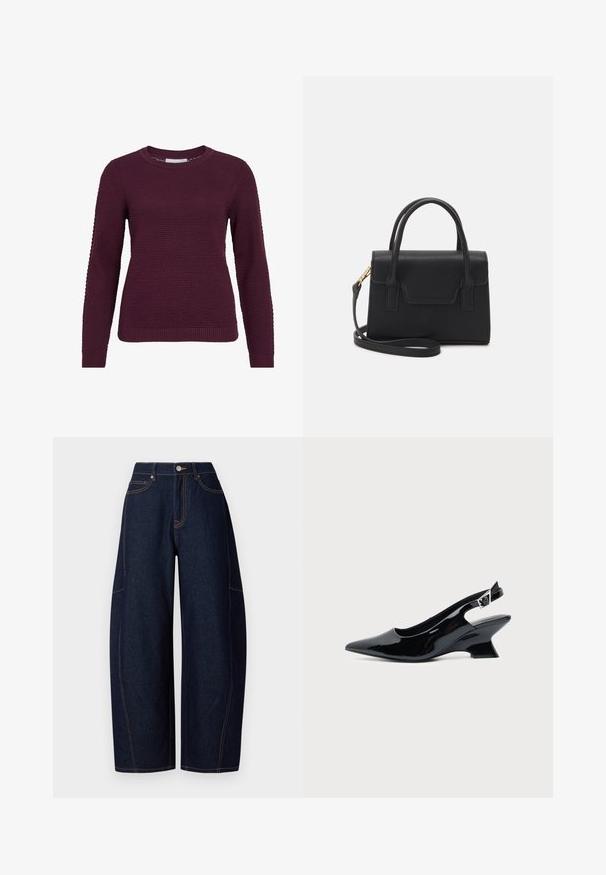 Bordeaux pullover sweater med et struktureret, honningkagesmønster, rund hals, lange ærmer og ribbede manchetter og kant.; Bredde ben mørkeblå denimbukser med kontrasterende orangetråd, fem lommer og en knap- og lynlåslukning i taljen.; Sort laklæder slingback sko med spids tå og lav vinklet blokhæl på ensartet lys baggrund.; Sort struktureret håndtaske lavet af læder med et topgreb, aftagelig skulderrem og detalje med frontklap. Guldhardware accenter.