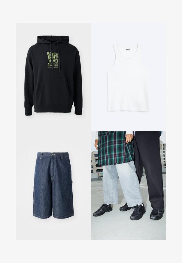 Zwarte hoodie gemaakt van een katoenmix, met een frontzak, touwtjes en een prominent groene grafische opdruk op de borst met het label "MAN STASH PADDLE CLUB."; Wit mouwloos hemdje met ronde hals en Weekday-merklabel aan de binnenkant van de achterkraag, plat weergegeven op een lichte achtergrond.; Donkerblauwe denimshorts met een rechte snit, vijf zakken en zichtbare stiksels. Voorzien van een knoopsluiting en riemlussen.; Zwarte sportieve schoenen met mesh- en rubberaccenten. Draagt een lichtgrijze wijde spijkerbroek en een groen geruit shirt. Effen achtergrond.