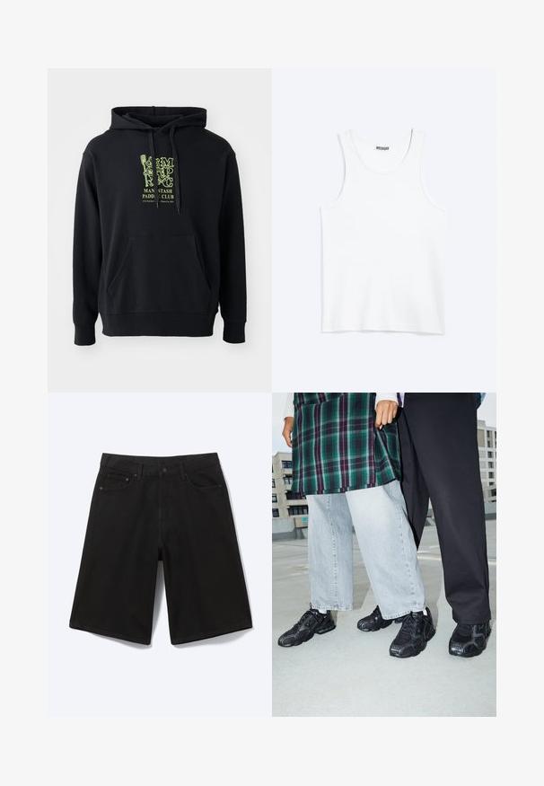 Sort hættejakke lavet af bomuldsblanding, med en frontlomme, snoretræk og et fremtrædende grønt grafisk motiv på brystet med teksten "MAN STASH PADDLE CLUB."; Hvid ærmeløs tanktop med rund halsudskæring og Weekday-mærke på den indvendige baghals, vist fladt på lys baggrund.; Sorte denim shorts til knæet med frontknap, bæltestropper og fem lommer, vist mod en hvid baggrund.; Sorte atletik sko med mesh- og gummidetaljer. Båret med lysegrå vide jeans og en ternet grøn bluse. Flad overflade i baggrunden.