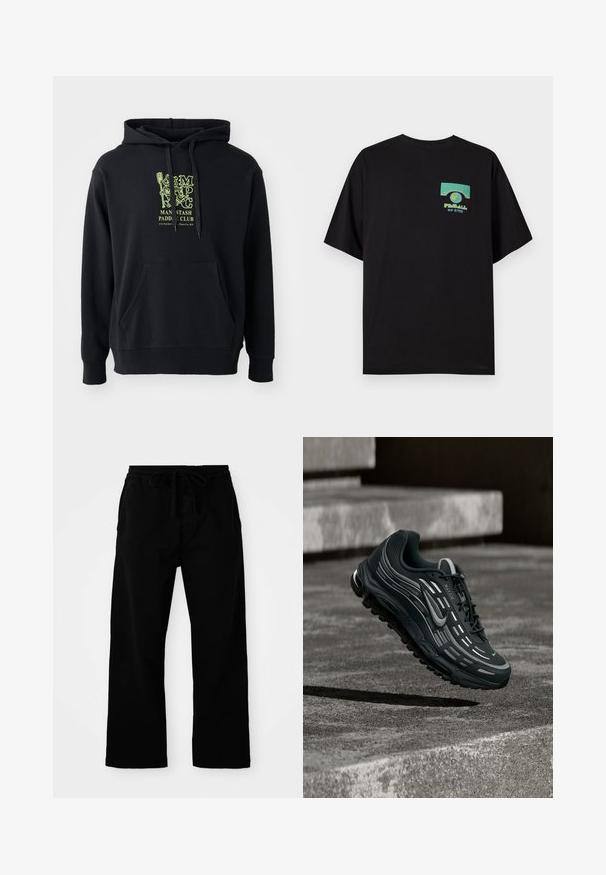 Zwarte hoodie gemaakt van een katoenmix, met een frontzak, touwtjes en een prominent groene grafische opdruk op de borst met het label "MAN STASH PADDLE CLUB."; Zwart T-shirt met ronde hals en korte mouwen, met een kleine groene en gele afbeelding en tekst op de linkerborst met de tekst "PINBALL WIP ©1989".; Zwarte broek met elastische tailleband en verstelbaar trekkoord, met wijde pijpen en een gladde katoentextuur. Geen zichtbare patronen of hardwaredetails.; Zwarte en grijze Nike Air Max sneaker zwevend boven grijze betonnen trappen met een gestructureerde achtergrond van de grond.