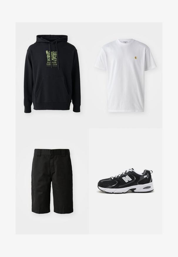 Hoodie noir en mélange de coton, doté d'une poche avant, d'un cordon de serrage et d'un graphique vert emblématique sur la poitrine étiqueté "MAN STASH PADDLE CLUB".; T-shirt en coton blanc à manches courtes, col rond, avec un petit logo doré sur la poitrine gauche. Texture douce et coupe régulière.; Shorts en coton noir avec une coupe droite, des passants de ceinture et un devant plat. Comprend des poches sur les côtés et une texture lisse.; Baskets de sport noires et grises avec un tige en mesh et en suède, présentant une semelle intermédiaire blanche, des lacets et un logo "N" audacieux sur le côté.