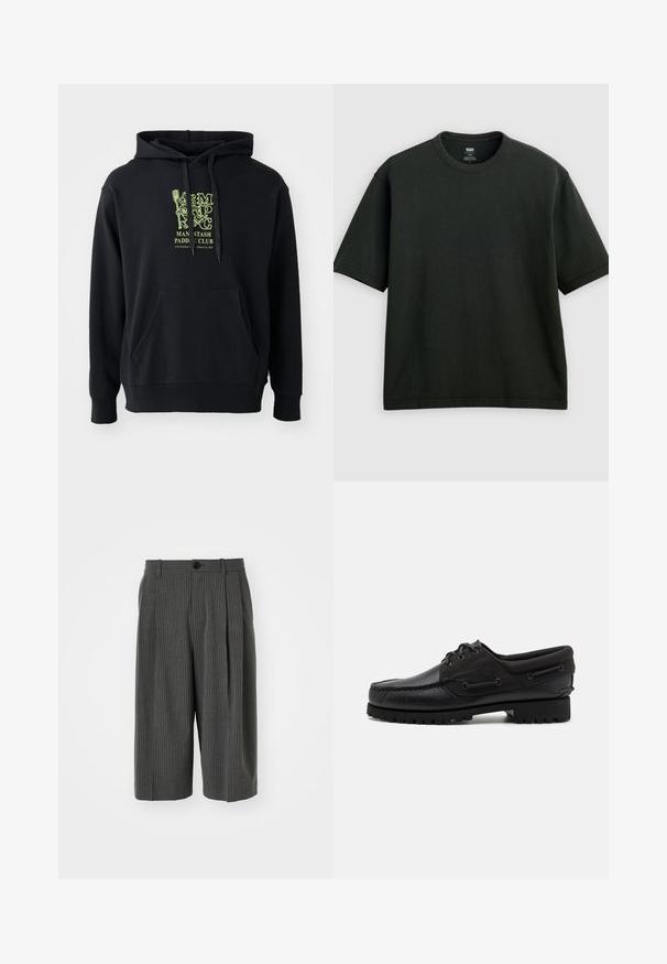 Sort hættejakke lavet af bomuldsblanding, med en frontlomme, snoretræk og et fremtrædende grønt grafisk motiv på brystet med teksten "MAN STASH PADDLE CLUB."; Sort T-shirt med korte ærmer og rund hals, løstsiddende pasform, vist fladt på en lys grå baggrund.; Grå stribede shorts med vid benvidde, knaplukning og plisseret forside. Fremstillet af et tekstureret materiale, der har et skræddersyet design.; Sort sko med overdel i læder, tekstilaccentuer, runde snørebånd og en tekstureret gummisål. Udstyret med mokkasinsyning og branddetalje.