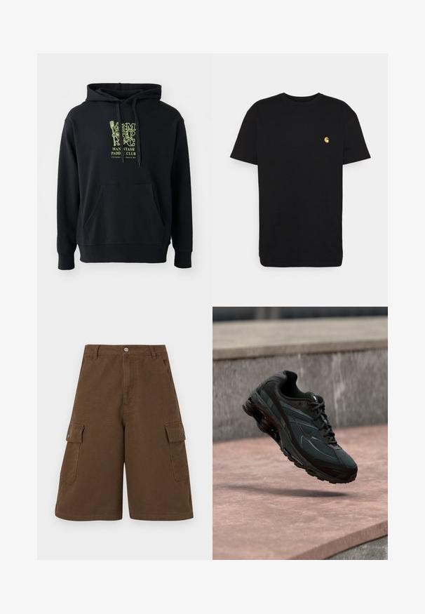 Hoodie noir en mélange de coton, doté d'une poche avant, d'un cordon de serrage et d'un graphique vert emblématique sur la poitrine étiqueté "MAN STASH PADDLE CLUB".; T-shirt en coton noir à manches courtes, col rond, avec un petit logo jaune sur la partie gauche de la poitrine. Design simple et coupe régulière.; Shorts en coton marron de coupe droite, avec deux poches latérales et une fermeture à bouton à l'avant. Fabriqués à partir d'un tissu en coton durable avec une finition mate.; Baskets athlétiques noires avec une semelle intercalaire à coussin d’air visible flottant au-dessus d’une surface en pierre rose avec un mur en pierre gris en arrière-plan.