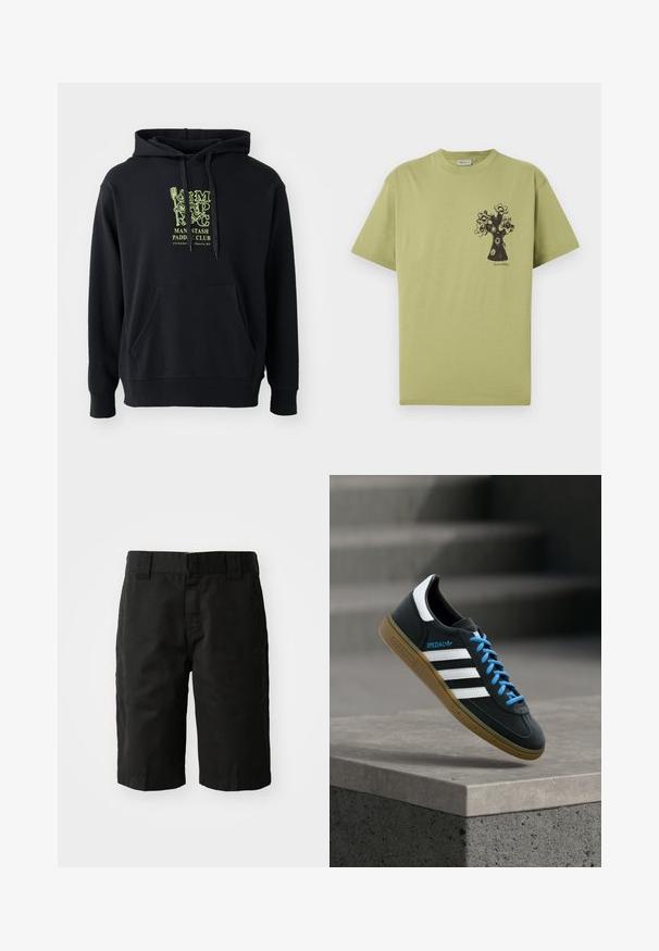 Sort hættejakke lavet af bomuldsblanding, med en frontlomme, snoretræk og et fremtrædende grønt grafisk motiv på brystet med teksten "MAN STASH PADDLE CLUB."; Lysegrøn T-shirt med korte ærmer og et sort abstrakt blommetræsgrafik på venstre brystområde samt lille tekst under designet.; Sorte bomuldsshorts med lige snit, bæltestropper og flad front. Har lommer på siderne og en glat tekstur.; Sort Adidas sneaker med hvide striber, blå snørebånd og gummisål, der svæver over gråt betontrin i blødt lys.
