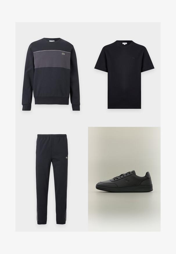 Sweat-shirt à manches longues noir et gris foncé avec un petit logo de crocodile vert sur la poitrine gauche et un liseré blanc au-dessus du panneau gris.; T-shirt noir à manches courtes avec col rond, orné d'un petit logo crocodile ton sur ton sur le côté gauche de la poitrine.; Pantalon de sport noir avec taille élastique, jambes fuselées, bandes latérales blanches et petit logo crocodile vert sur la cuisse droite.; Baskets noires en matériau synthétique lisse, avec un design bas, bout rond, système de laçage à l'avant, logo en relief et semelle texturée.