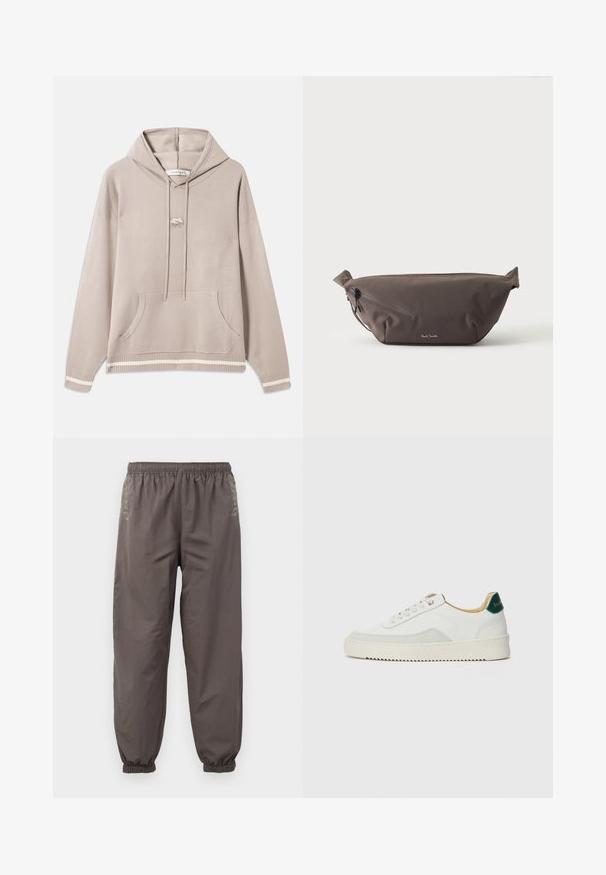 Lys beige hætte sweatshirt med frontlomme, snore, ribbede ærmer og kant med cremefarvede striber, samt et lille broderet logo på brystet.; Mørkegrå, elastiske bukser med en afslappet pasform. Har samlede manchetter og subtil broderi på siderne. Letvægtsstof.; Hvide sneakers med ruskindsdetaljer, rund tå, flade snørebånd og en cremet gummisål. Har grøn branding på hælen.; Mørkebrun stof talje taske med diagonalt lynlåslomme og lille hvidt logo på fronten, sat mod en ensfarvet lys baggrund.