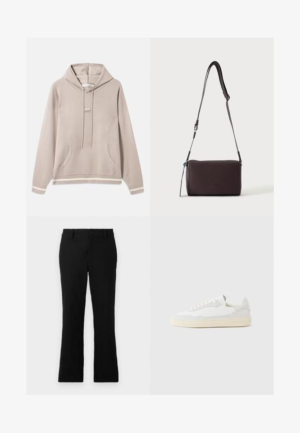 Lys beige hætte sweatshirt med frontlomme, snore, ribbede ærmer og kant med cremefarvede striber, samt et lille broderet logo på brystet.; Sorte flagrende bukser lavet af en blanding af bomuldsstof, med knaplukning, bælteløkker og en glat tekstur uden synlige mønstre.; Hvid sneakers med en øvre del i tekstureret ruskind og læder. Har rundet tå, snørelukning og kontrasterende beige gummisål.; Mørkebrun textured læder crossbody taske med justerbar rem og lille dekorativ blå accent på siden.