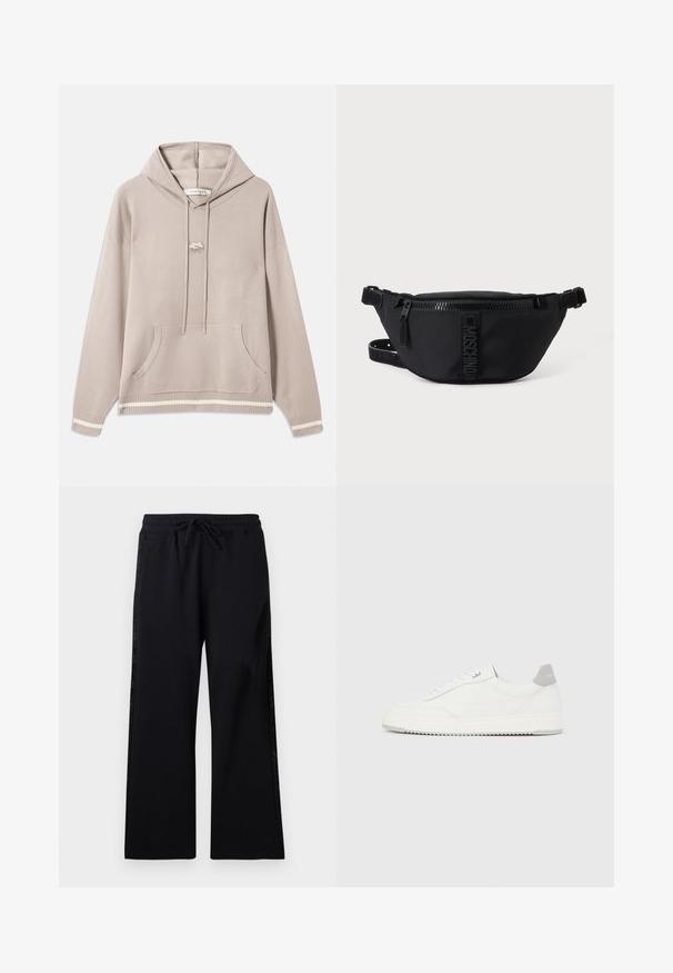 Lys beige hætte sweatshirt med frontlomme, snore, ribbede ærmer og kant med cremefarvede striber, samt et lille broderet logo på brystet.; Les Benjamins Træningsbukser - black; Hvid lavtop-sneaker med gråt hælflig, hvide snørebånd og tekstureret sål, vist på en ensfarvet lys baggrund.; Sort Moschino bæltetaske med frontlynlås og justerbar rem på en ensfarvet lys baggrund.