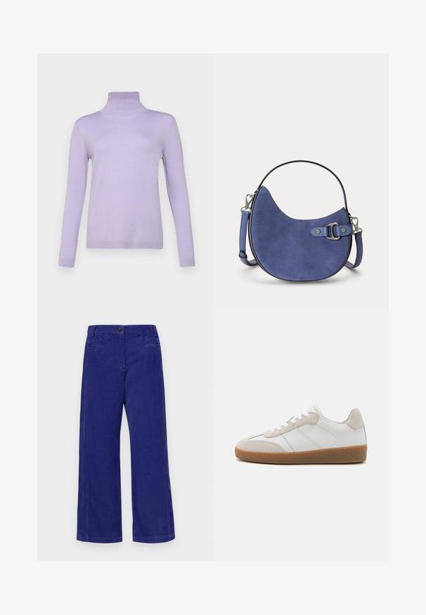 Weekend Max Mara KIKU - Πουλόβερ - lilla; Παντελόνι καμπάνα από χοντρό βαμβακερό ύφασμα σε σκούρο μπλε. Διαθέτει κλείσιμο με κουμπί, δύο μπροστινές τσέπες και διακριτική κάθετη ραφή για υφή.; Λευκά δερμάτινα sneakers με μπεζ σουέτ λεπτομέρειες, υφασμάτινη γλώσσα και καουτσούκ σόλα. Διαθέτουν λευκές κορδόνες και διακριτές ραφές.; Μικρή καμπυλωτή μπλε τσάντα από σουέτ με επάνω λαβή, αποσπώμενο λουρί ώμου και ασημένια αγκράφα σε φωτεινό φόντο.
