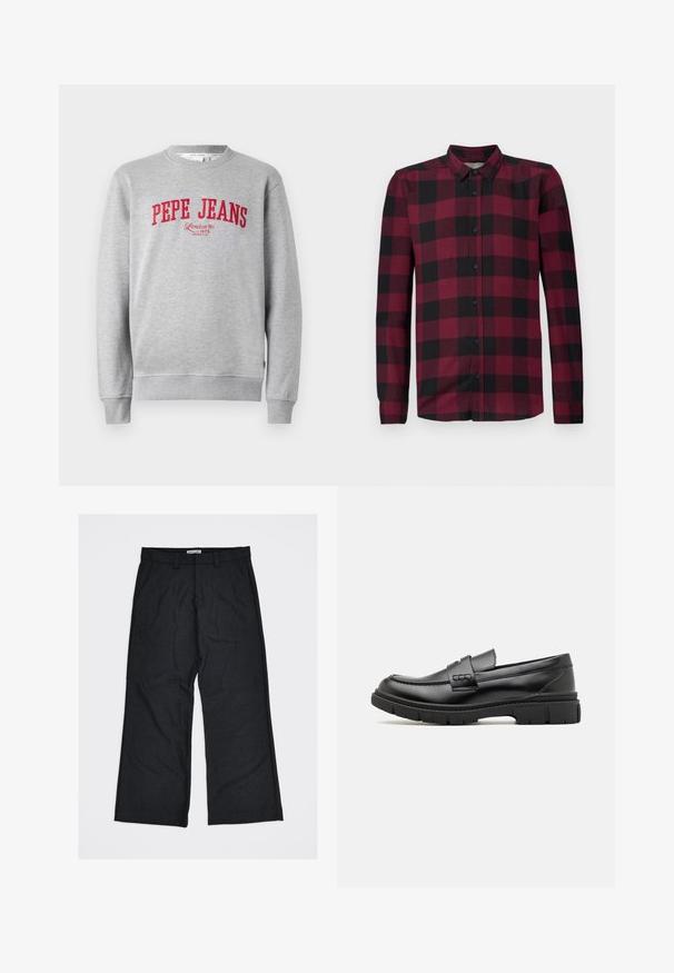 Harmaa huppari, jossa on punainen brodeerattu "PEPE JEANS" -logo ja tekstillä "London W1 1973" alla, joustavat hihansuut ja helma.; Pitkähihaiset napilla varustetut paidat, joissa on punamusta ruutukuosi, klassinen kaulus ja kireät hihat.; Tummanharmaat leveälahkeiset housut, joissa on teksturoidusta kankaasta valmistettu materiaali, kaksi etutaskua ja vyölenkit. Labeli kuuluu "United Loneliness."; Musta nahkainen loaferi, jossa on leveä hihna vampin poikki, kumipohja paksuilla kureilla ja sileä pinta. Klassinen, tyylikäs muotoilu.