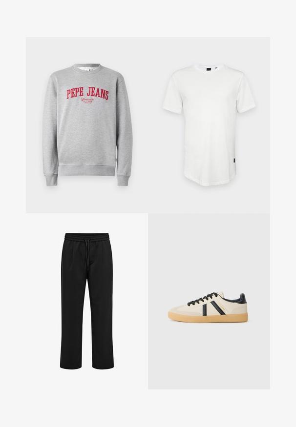 Šedá mikina s červenou vyšitou značkou "PEPE JEANS" a textom "London W1 1973" nižšie, s rebrovanými manžetami a lemom.; Biele tričko s krátkym rukávom vyrobené z bavlny, s okrúhlym výstrihom a mierne predĺženým zadným dielom, s malým logom na boku.; Čierne neformálne nohavice s elastickým pásom a šnúrkou, rovný strih nohavíc a predné záhyby.; Pohodlné tenisky v krémovej farbe s čiernymi pruhmi, s textúrovaným zvrškom a podrážkou z gumy. Šnúrky sú čierne. Diskrétny logo na boku.