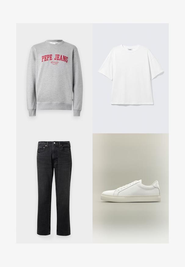 Grå sweatshirt med rødt broderet "PEPE JEANS" logo og teksten "London W1 1973" nedenfor, ribbede ærmer og kant.; Hvid oversized t-shirt med korte ærmer og rund halsudskæring med sænkede skuldre, fladt lagt på lys grå baggrund.; Sorte denim jeans med lige ben, featuring knap- og lynlåslukning, fem lommer og kobberhardware-detaljer.; Hvid lavtop sneaker med snørebånd foran og tyk sål, vist fra siden mod en neutral baggrund.