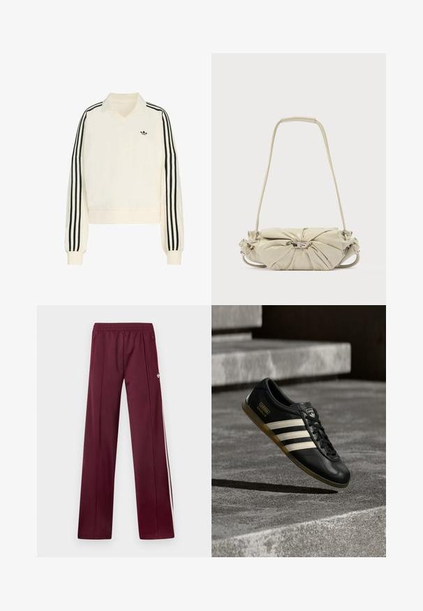 Pull crème avec un col en V, des manches longues, des rayures noires le long des bras et un petit logo noir sur la poitrine. Fabriqué en tissu doux.; Pantalon de survêtement marron avec taille élastique, poches latérales zippées, bandes blanches sur les côtés et petit logo Adidas blanc sur la cuisse droite.; Baskets en cuir noir avec motif à trois bandes blanches, accents texturés, lacets noirs et semelle en gomme. Logo de la marque visible sur la languette.; Sac à bandoulière en cuir beige avec un design froncé et un détail boucle argentée, équipé d'une longue bandoulière et d'une section de poignée rembourrée.