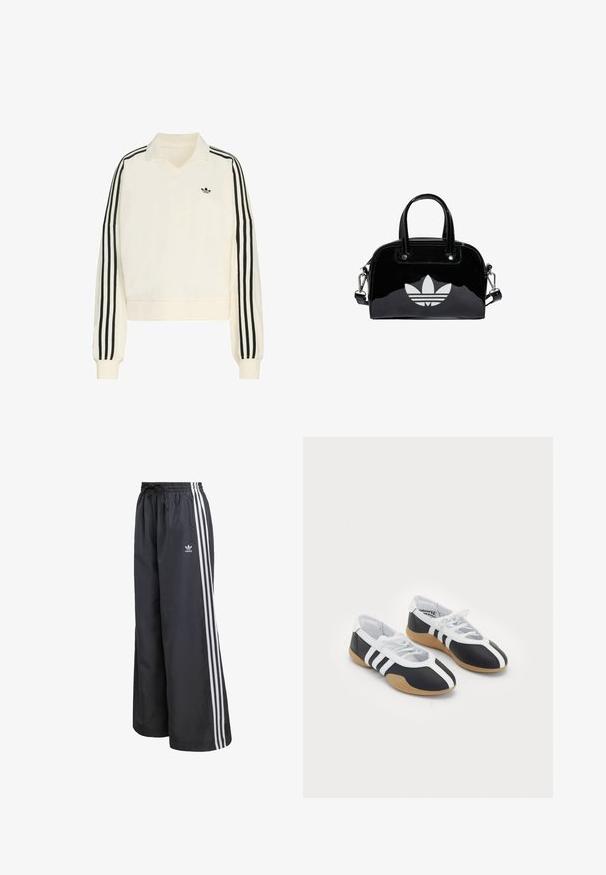 Pull crème avec un col en V, des manches longues, des rayures noires le long des bras et un petit logo noir sur la poitrine. Fabriqué en tissu doux.; Pantalon de sport noir en matière légère, avec trois bandes blanches verticales et une taille élastique munie d'un cordon de serrage.; Baskets de sport noir et blanc au design élégant, semelle en caoutchouc, fermeture à lacets et trois rayures blanches sur les côtés.; Sac à main en cuir verni noir de forme arrondie, avec des poignées supérieures doubles, des accents argentés et un logo blanc proéminent à l'avant.