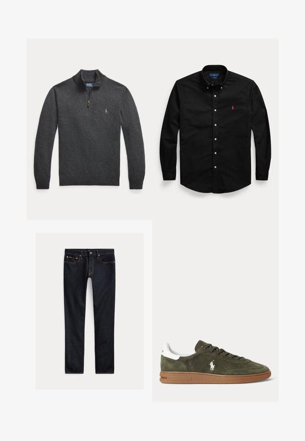 Dunkelgrauer Langarmpullover mit Viertel-Reißverschluss und kleinem gestickten Logo auf der linken Brust.; Schwarzes Langarm-Hemd mit weißen Knöpfen und einem kleinen roten gestickten Logo auf der linken Brust.; Dunkelblaue Slim-Fit-Jeans mit fünf Taschen, Knopfverschluss und Kontrastnähten, flach auf hellem Hintergrund ausgelegt.; Olivgrüner Wildleder-Sneaker mit brauner Gummisohle, weißem Fersenriegel, Schnürung vorne und weißem Ralph Lauren Polo Spieler-Logo auf der Seite.