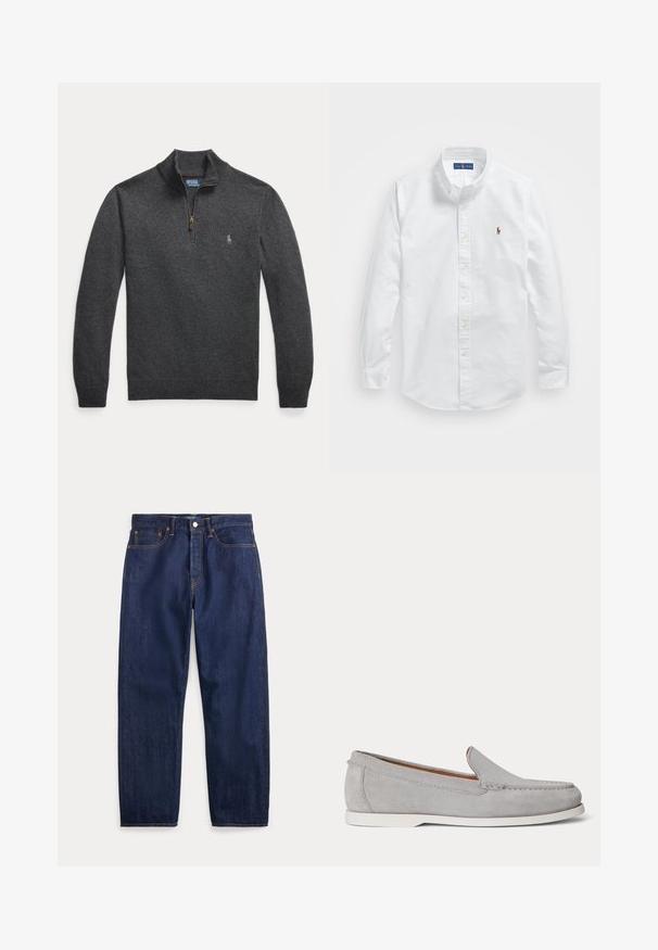 Mørkegrå langærmet pullover med kvart lynlås og et lille broderet logo på venstre bryst.; Hvid bomulds skjorte med knaplukning, klassisk krave, lange ærmer og et lille broderet logo på venstre bryst.; Mørkeblå denimjeans med lige ben, fem lommer, knaplukning og synlige syninger.; Lysegrå ruskind slip-on loafer med hvid sål, synlige syninger og lav hæl vist i profil på hvid baggrund.