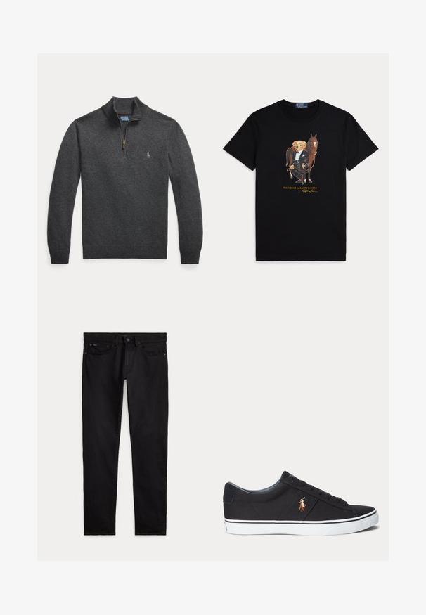 Jersey de pulóver de manga larga en gris oscuro con cremallera hasta un cuarto y un pequeño logo bordado en el lado izquierdo del pecho.; Camiseta negra con gráfico de un oso de peluche vestido con ropa ecuestre formal junto a un caballo marrón.; Vaqueros negros de corte slim con bolsillos delanteros y traseros, trabillas para cinturón y cierre con botón y cremallera, colocados planos sobre un fondo blanco.; Zapatilla deportiva negra de corte bajo con suela blanca y logotipo cosido de jugador de polo en el lateral, con cierre de cordones y parte superior de tela texturizada.