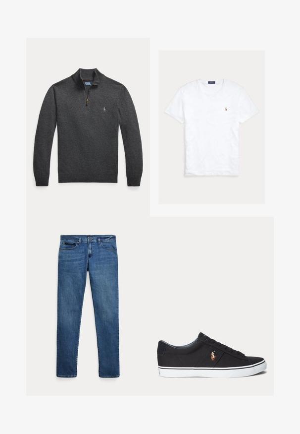 Dunkelgrauer Langarmpullover mit Viertel-Reißverschluss und kleinem gestickten Logo auf der linken Brust.; Weißes T-Shirt mit Rundhalsausschnitt und kurzen Ärmeln, mit kleinem gesticktem Polo Ralph Lauren Logo auf der linken Brust und blauem Markenetikett innen am Kragen.; Blaue Jeans aus Denim mit schmalem Schnitt, ausgestattet mit vorderen Taschen, Gürtelschlaufen und einem Knopfverschluss vor weißem Hintergrund.; Schwarzer Sneaker mit niedrigem Schaft, weißer Sohle und gesticktem Polospieler-Logo an der Seite, mit Schnürverschluss und strukturiertem Stoff-Obermaterial.