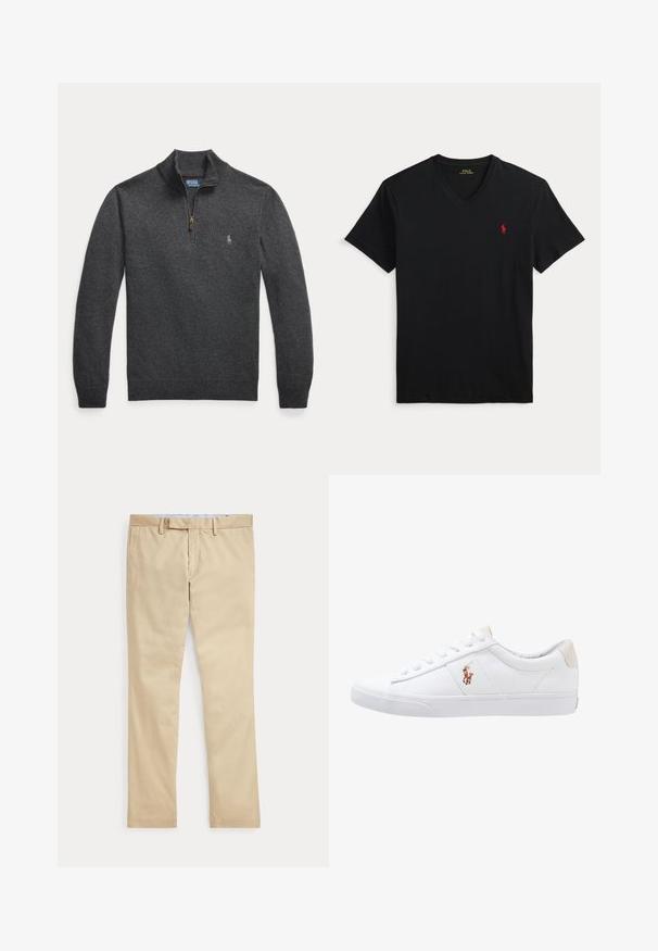 Jersey de pulóver de manga larga en gris oscuro con cremallera hasta un cuarto y un pequeño logo bordado en el lado izquierdo del pecho.; Camiseta negra de manga corta con escote en V y pequeño logo rojo de Polo Ralph Lauren en el pecho izquierdo.; Pantalones beige de corte recto con trabillas para cinturón y cremallera frontal, colocados planos sobre un fondo blanco.; Zapatilla de lona blanca con diseño de corte bajo, que cuenta con un taco trasero beige y un pequeño logo bordado en el costado. Suela de goma.