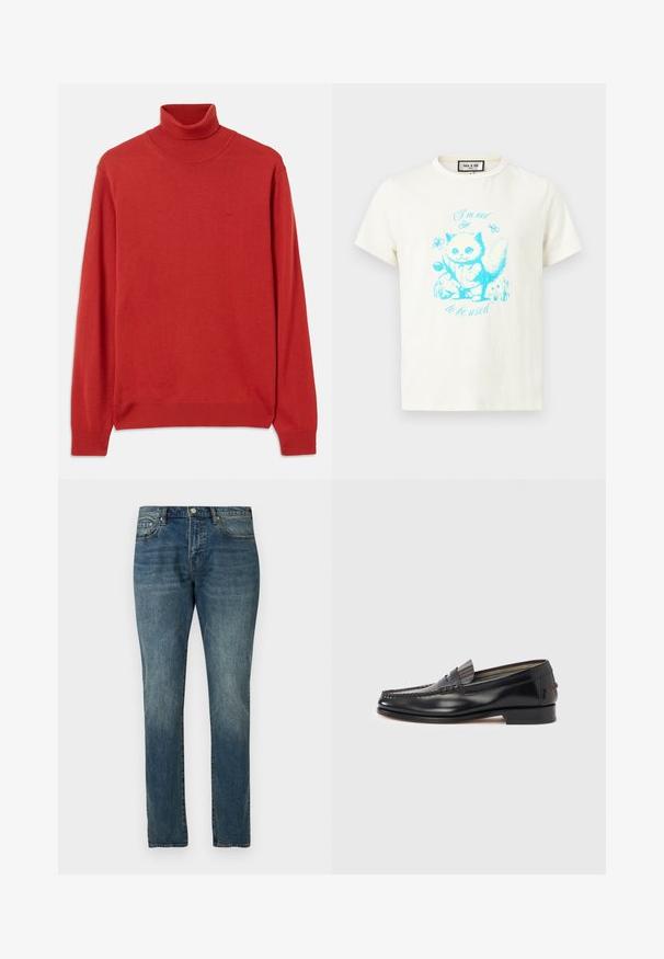 Pull en tricot rouge à col roulé avec des manches longues, un col et des poignets côtelés. Présente un logo discret sur la poitrine. Texture lisse.; T-shirt blanc avec une illustration bleue d'un chaton tenant une fleur entouré de papillons et le texte « Je ne suis pas à utiliser. »; Jeans en denim droit délavés bleus avec un bouton frontal et des poches, présentés sur un fond blanc uni.; Mocassins en cuir noir avec un design de style mocassin, présentant une bande décorative et un détail de couture sur le dessus. Talon bloc bas.