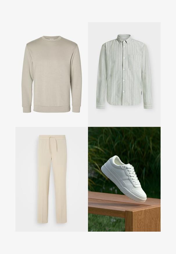 Beige langærmet sweatshirt med rund halsudskæring, ribkant ved ærmer og bund, vist på hvid baggrund.; Stripet grøn skjorte med knapper i let stof, med en enkelt brystlomme og hvide lodrette striber samt knapmanchetter.; Beige, elastisk taljebukser med snoretræk. Har lige ben og en glat tekstur, velegnet til afslappet brug eller afslapning.; Hvide lædersneakers med en glat overflade, prydet med perforeret design, klassisk snørering og gummisål, placeret over en træoverflade.