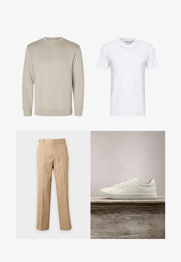 Beige langærmet sweatshirt med rund halsudskæring, ribkant ved ærmer og bund, vist på hvid baggrund.; Hvid t-shirt med korte ærmer lavet af bomuld, med en rund hals og et enkelt design. Brandtag synlig på halsområdet. Ingen mønstre eller accenter.; Beige bukser med lige ben, bæltestropper, foran lynlås og pressede slidser, vist mod en hvid baggrund.; Hvide snørresneakers svævende over en træbænk med grønne planter i baggrunden, der fremhæver skodesign og tekstur.