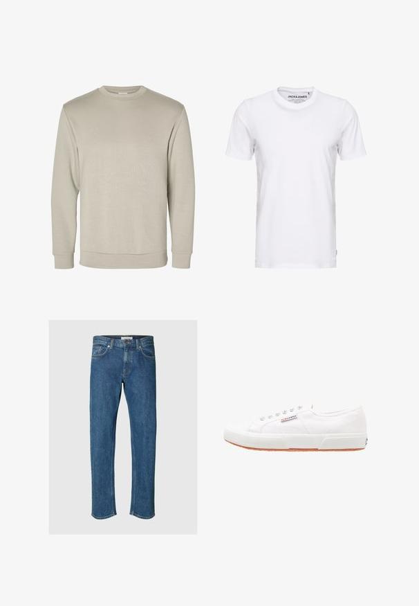Beige langærmet sweatshirt med rund halsudskæring, ribkant ved ærmer og bund, vist på hvid baggrund.; Hvid t-shirt med korte ærmer lavet af bomuld, med en rund hals og et enkelt design. Brandtag synlig på halsområdet. Ingen mønstre eller accenter.; Selected Straight fit 196 - Jeans Straight Leg - medium blue denim; Hvide kanvas sneakers med gummisål, snørebåndsdesign og et lille logo mærke på siden. Tekstureret hvid overdel og brun ydersål.