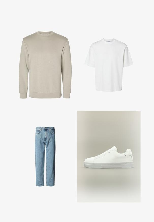 Beige lange mouwen sweater met ronde hals, geribde manchetten en zoom, weergegeven op een effen witte achtergrond.; Effen witte korte mouw T-shirt met ronde hals en een losse pasvorm, getoond op een witte achtergrond.; Lichtblauwe denim jeans met een relaxte pasvorm, voorzien van een hoge taille, contrasterende stiksels en subtiele slijtage aan de voorkant.; Witte lage sneaker met veters aan de voorkant, gevoerde kraag en gerubberde zool met textuur, zijaanzicht op een neutrale achtergrond.