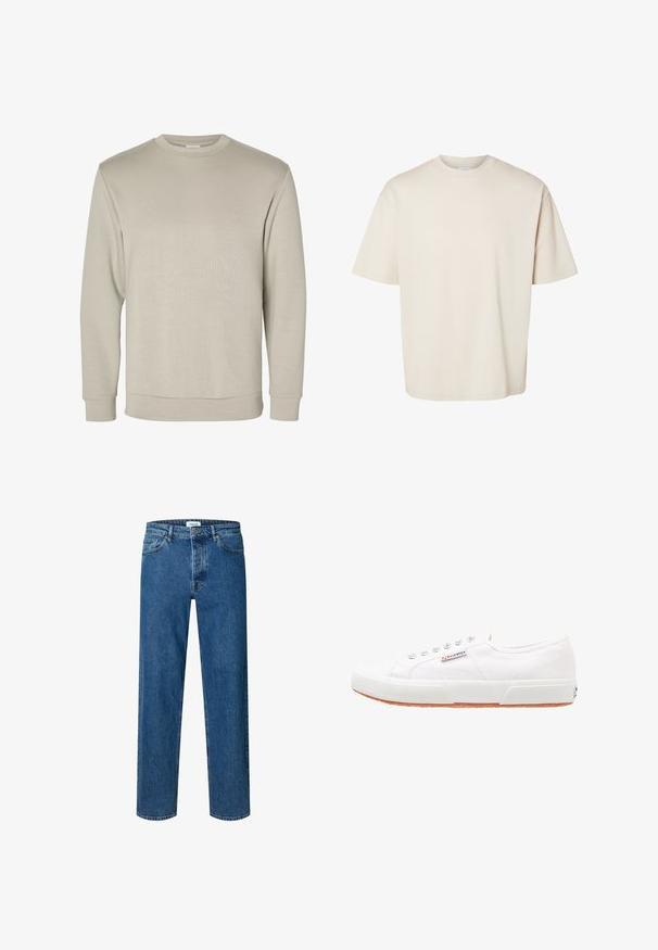 Beige langærmet sweatshirt med rund halsudskæring, ribkant ved ærmer og bund, vist på hvid baggrund.; Simpel beige kortærmet oversize bomuld t-shirt med rund halsudskæring, vist fladt på hvid baggrund.; Blå straight-leg denim jeans med knap- og lynlåslukning, bæltestropper og fem-lomme-design.; Hvide kanvas sneakers med gummisål, snørebåndsdesign og et lille logo mærke på siden. Tekstureret hvid overdel og brun ydersål.