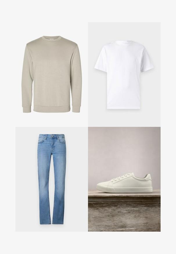 Beiger Sweatshirt mit langen Ärmeln und Rundhalsausschnitt, mit gerippten Bündchen und Saum, auf weißem Hintergrund dargestellt.; Weißes kurzärmeliges T-Shirt aus Baumwolle mit Rundhalsausschnitt, das eine glatte Textur und ein einfaches Design ohne Muster oder Akzente aufweist.; Hellblaue Jeans aus Denim mit geradem Bein, Knopfverschluss und Fünf-Taschen-Design. Der Stoff hat eine glatte Textur.; Weiße Schnürsneaker, die über einer Holzbank mit grünem Laub im Hintergrund schweben und das Schuhdesign sowie die Textur zeigen.