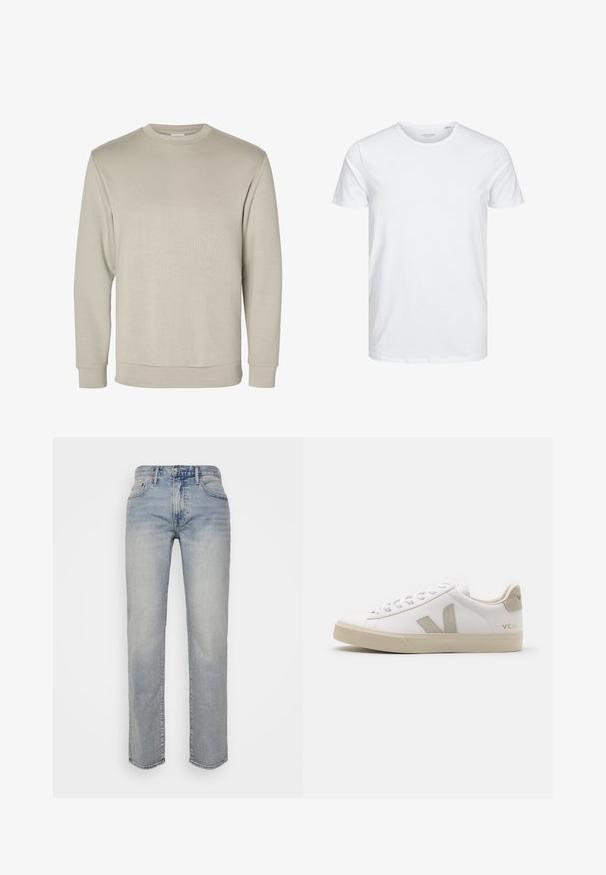 Beige langærmet sweatshirt med rund halsudskæring, ribkant ved ærmer og bund, vist på hvid baggrund.; Rundhals kortærmet t-shirt i ensfarvet hvid, lavet af blød bomuld, har et simpelt design uden synlige mønstre eller detaljer.; Lyseblå denim jeans med lige pasform, der har fem lommer, en frontknaplukning og subtilt slid ved lårerne.; Hvide lædersneakers med beige detaljer, flad gummisål, rund tå og kontrasterende logo på siden og bagsiden. Snørebåndsdesign.